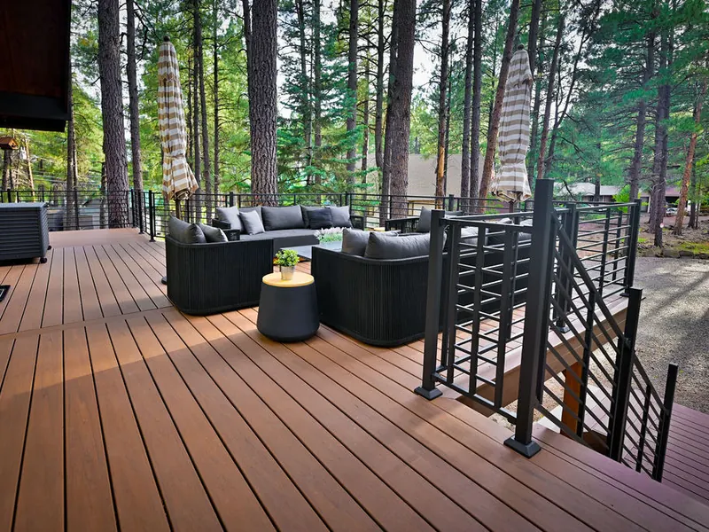 Composite deck with black metal railing