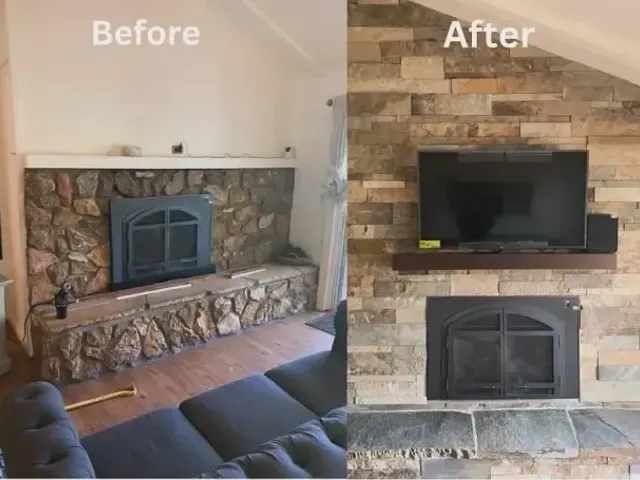Fireplace before and after: stacked stone wall and TV mount