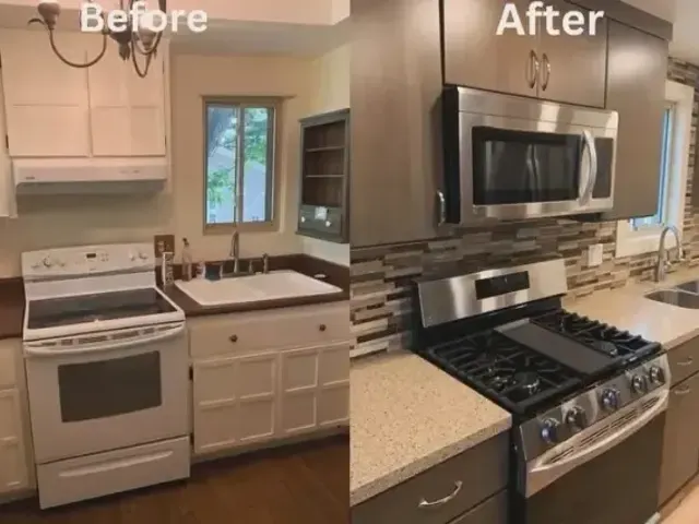Kitchen before and after: new cabinets, tile backsplash and gas range