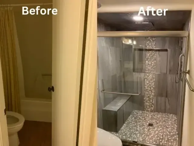 Bathroom before and after: tub out, tiled walk-in shower in
